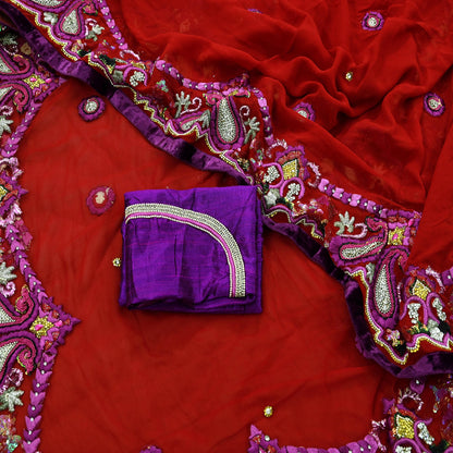 Indian Vintage Heavy Sari Red Net/Georgette Silk Hand Embroidered Sarees Craft Fabric 6Yd Sewing Soft Wedding sarees With Blouse fabric