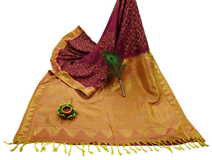 Indian Vintage Heavy Saree Maroon & Saffron Hand Woven Kanjivaram 100% Pure Silk Sari Craft Fabric 5Yd Ethnic Zari Floral