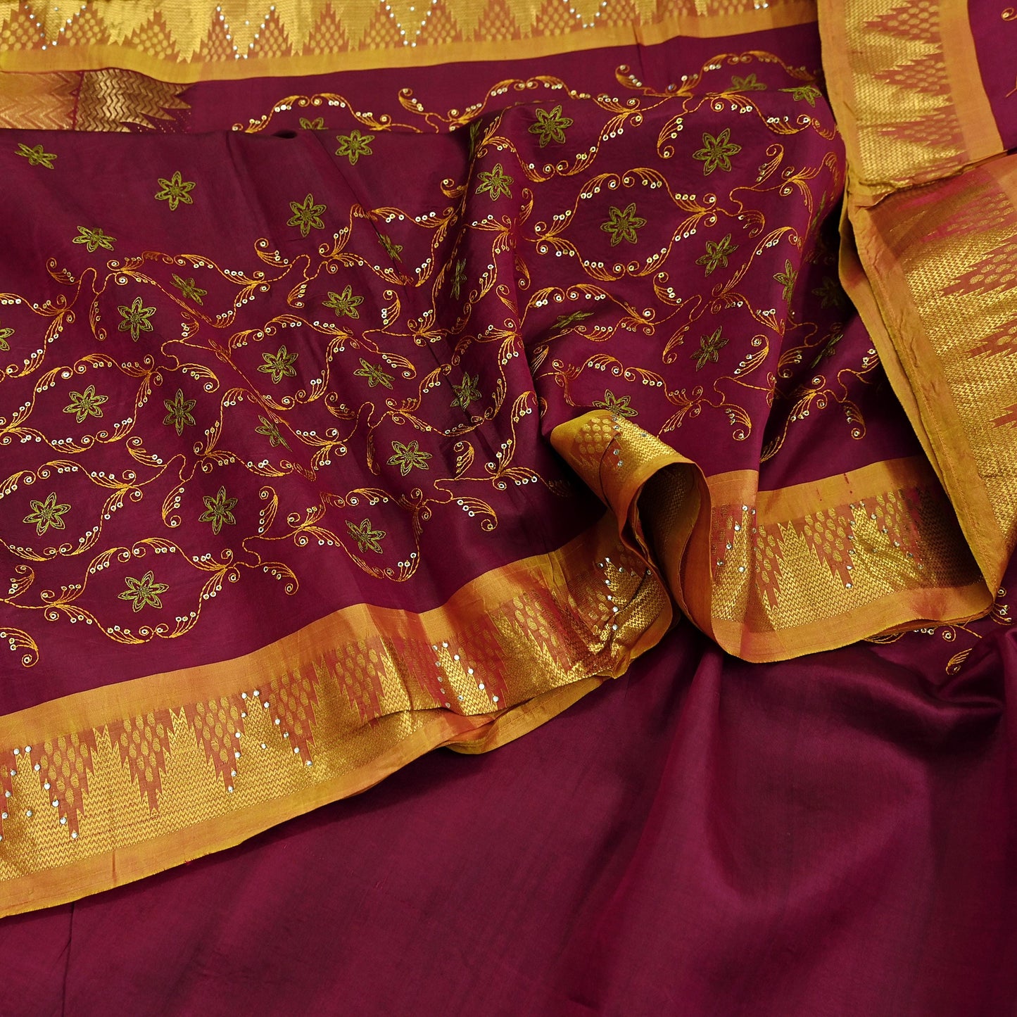 Indian Vintage Heavy Saree Maroon & Saffron Hand Woven Kanjivaram 100% Pure Silk Sari Craft Fabric 5Yd Ethnic Zari Floral