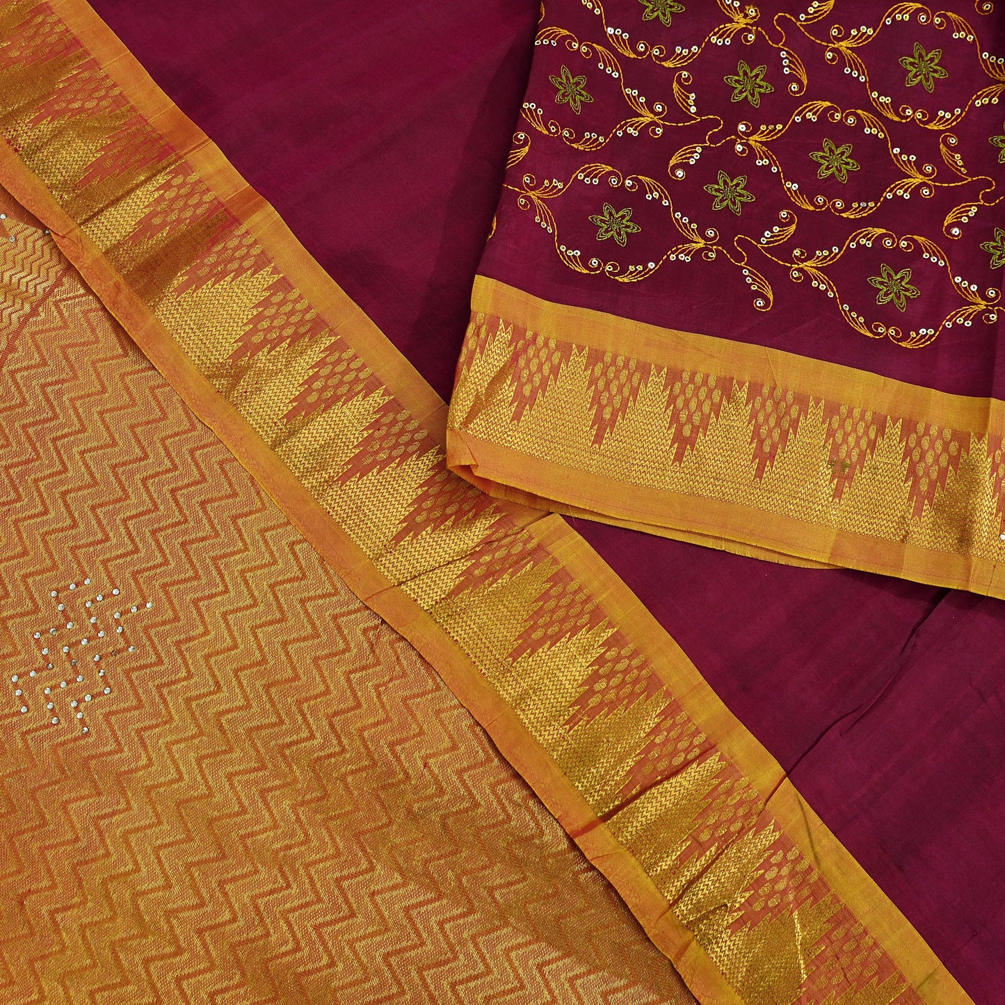 Indian Vintage Heavy Saree Maroon & Saffron Hand Woven Kanjivaram 100% Pure Silk Sari Craft Fabric 5Yd Ethnic Zari Floral