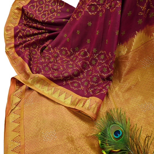 Indian Vintage Heavy Saree Maroon & Saffron Hand Woven Kanjivaram 100% Pure Silk Sari Craft Fabric 5Yd Ethnic Zari Floral