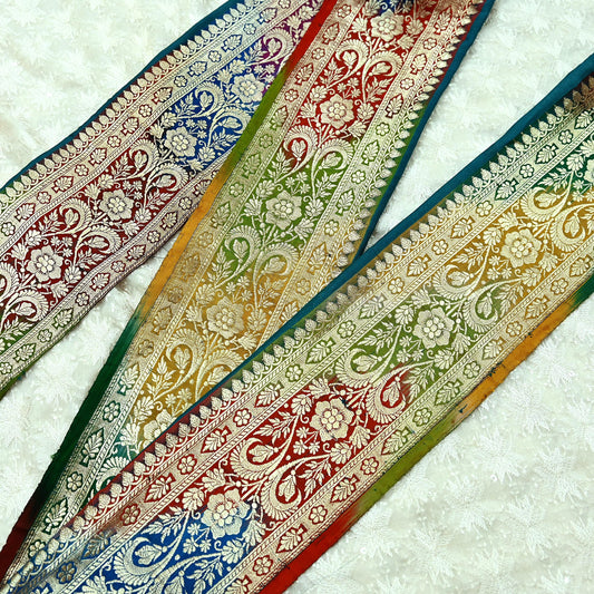 Indian Vintage Multi Sari Border Woven Banarasi 1yd Trim Craft Sewing Recycled Sari Border Golden Zari Pure Silk Home Decor Crafting