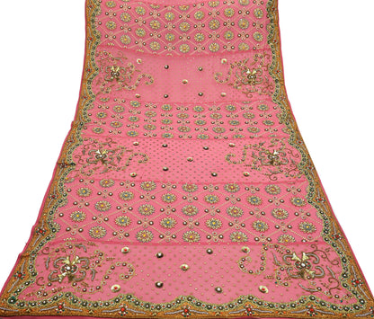 Indian Vintage Heavy Bridal Dupatta Pink Pure Georgette Silk Long Stole Hand Embroidered Scarf Zardozi/Dabka Zari Wedding/Party Dupatta