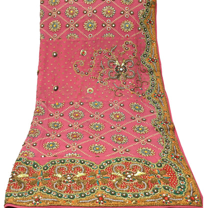 Indian Vintage Heavy Bridal Dupatta Pink Pure Georgette Silk Long Stole Hand Embroidered Scarf Zardozi/Dabka Zari Wedding/Party Dupatta