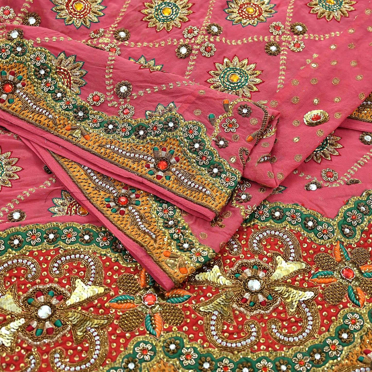 Indian Vintage Heavy Bridal Dupatta Pink Pure Georgette Silk Long Stole Hand Embroidered Scarf Zardozi/Dabka Zari Wedding/Party Dupatta