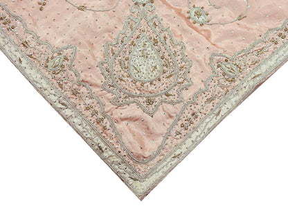 Indian Vintage Heavy Wedding Light Peach Dupatta Pure Satin Silk Long Stole Hand Embroidered Scarves Golden Zardozi Stole