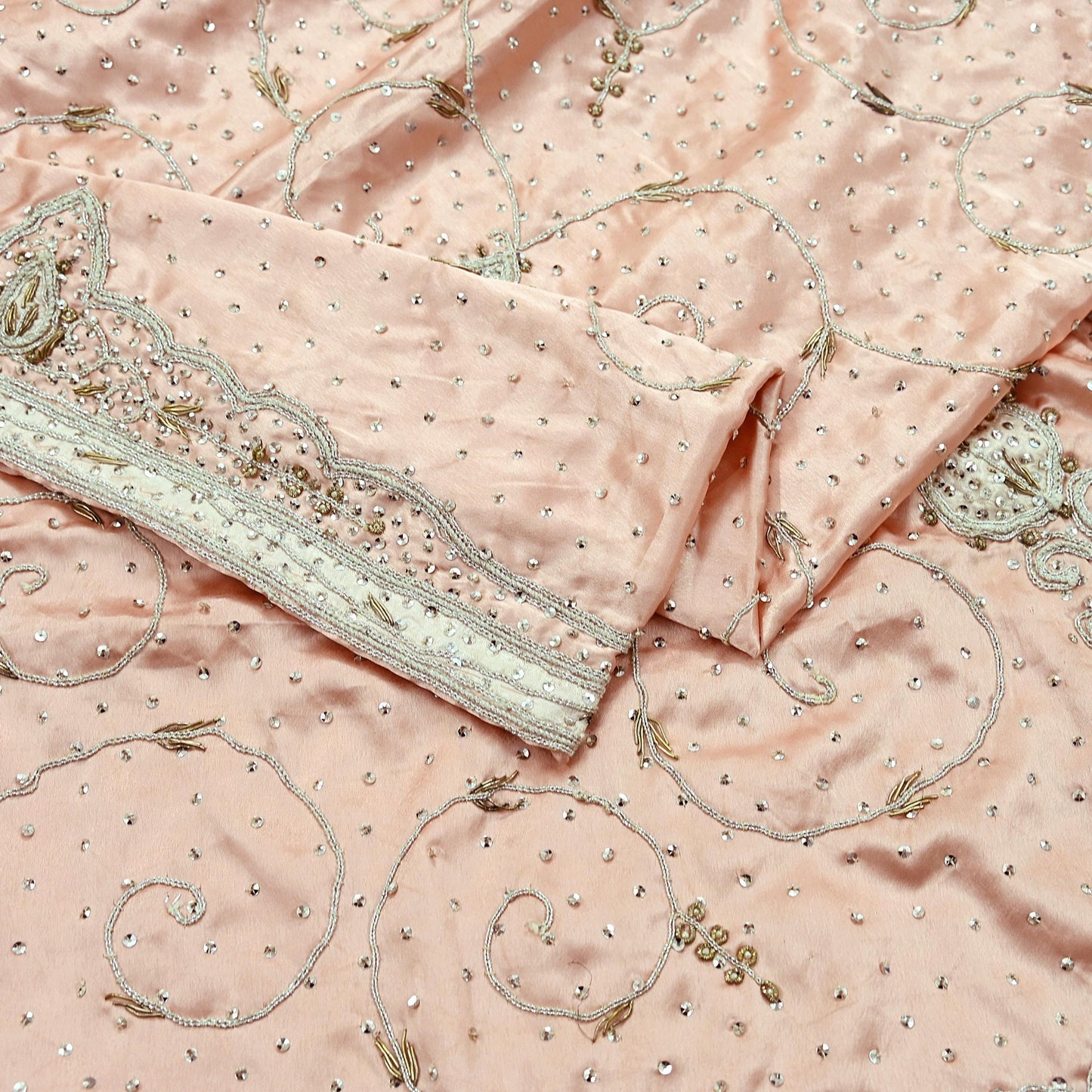 Indian Vintage Heavy Wedding Light Peach Dupatta Pure Satin Silk Long Stole Hand Embroidered Scarves Golden Zardozi Stole