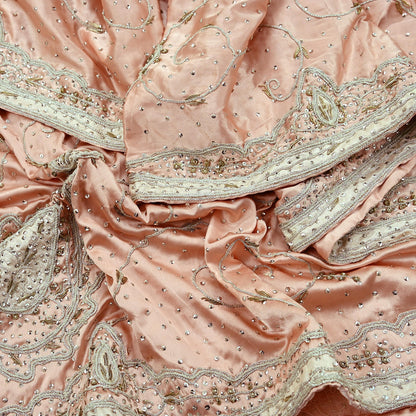 Indian Vintage Heavy Wedding Light Peach Dupatta Pure Satin Silk Long Stole Hand Embroidered Scarves Golden Zardozi Stole