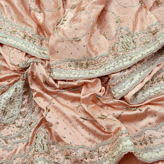 Indian Vintage Heavy Wedding Light Peach Dupatta Pure Satin Silk Long Stole Hand Embroidered Scarves Golden Zardozi Stole