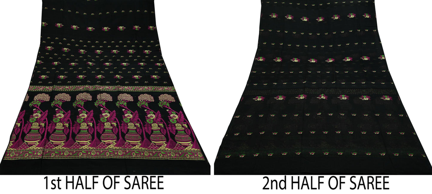 Indian Vintage Sari Black 100% Pure Silk Hand Woven Sarees Craft Fabric 5Yd Ethnic Sewing Dress making Crafting Quilting Upcycle