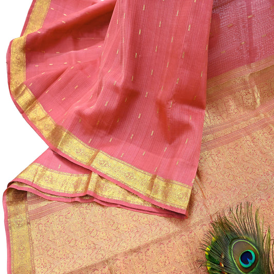 Indian Vintage Sari Pink Pure chanderi Silk Hand Woven Sarees Craft Fabric 5Yd Floral Soft Golden Zari Bollywood Sarees Crafting Upcycle