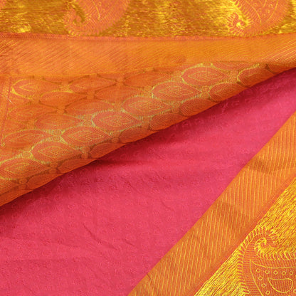 Indian Vintage Heavy Sari Pink & Saffron Kanjivaram Saree 100% Pure Silk Zari 5Yd Crafting Dress making For Crafting Quilting Upcycle