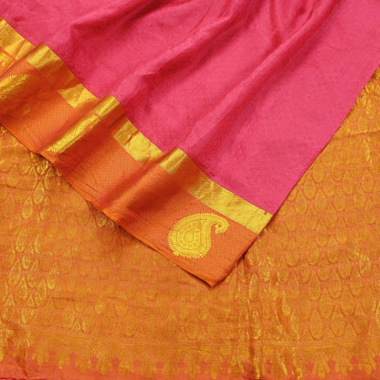 Indian Vintage Heavy Sari Pink & Saffron Kanjivaram Saree 100% Pure Silk Zari 5Yd Crafting Dress making For Crafting Quilting Upcycle