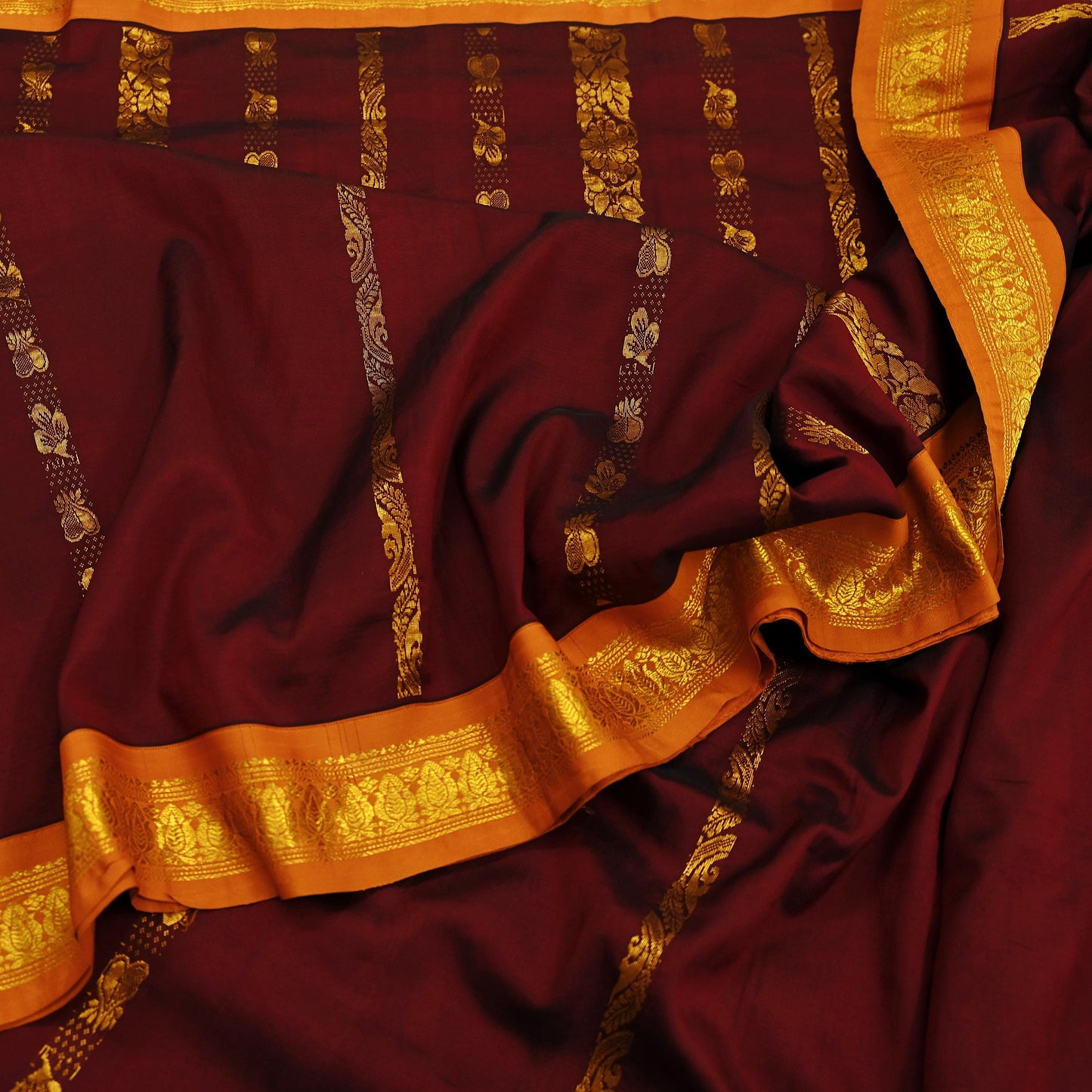 Indian Vintage Heavy Saree Maroon & Saffron Hand Woven Kanjivaram 100% Pure Silk Sari Craft Fabric 5Yd Ethnic Zari Floral