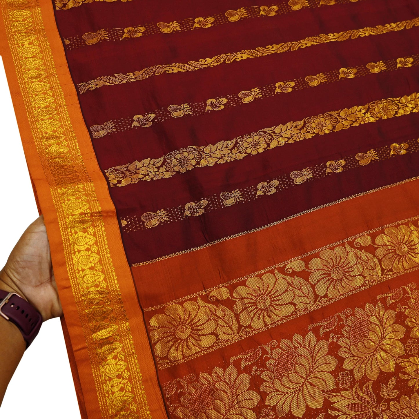 Indian Vintage Heavy Saree Maroon & Saffron Hand Woven Kanjivaram 100% Pure Silk Sari Craft Fabric 5Yd Ethnic Zari Floral