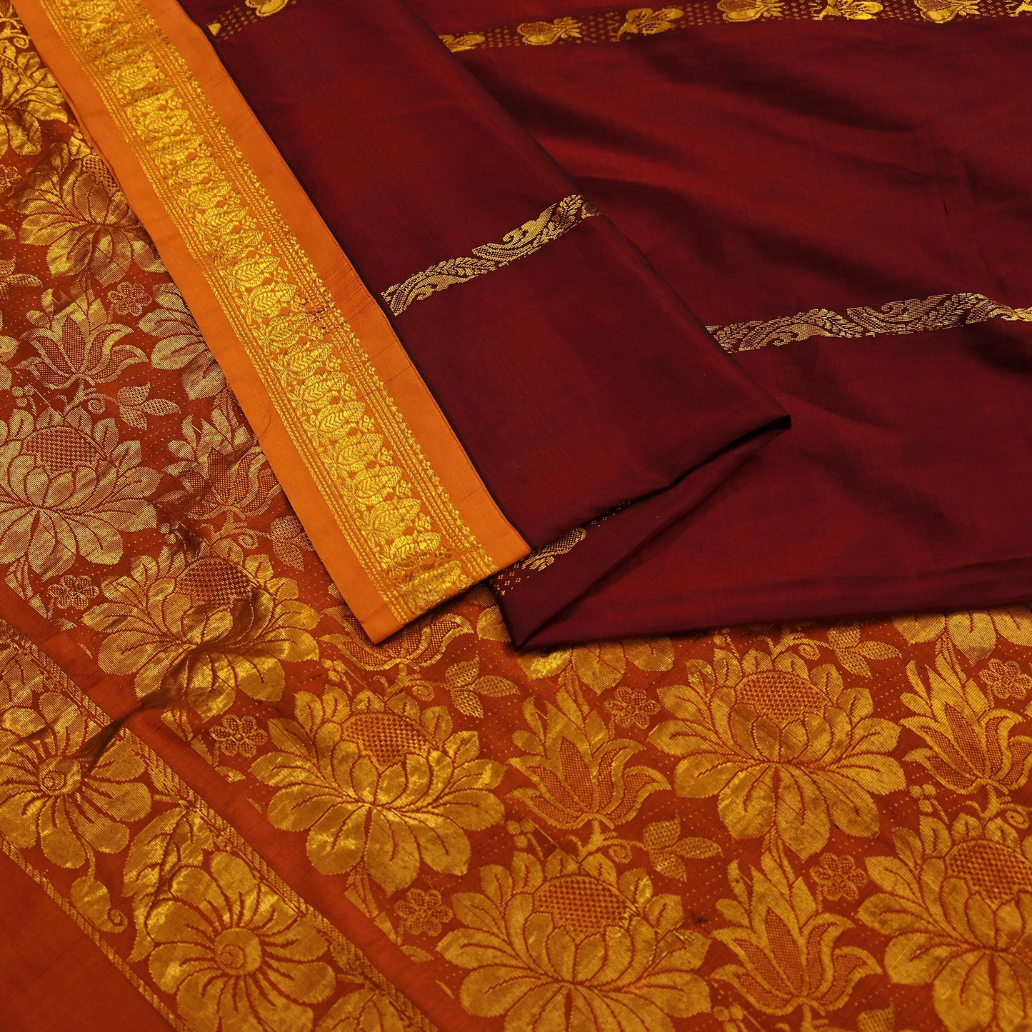 Indian Vintage Heavy Saree Maroon & Saffron Hand Woven Kanjivaram 100% Pure Silk Sari Craft Fabric 5Yd Ethnic Zari Floral