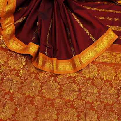 Indian Vintage Heavy Saree Maroon & Saffron Hand Woven Kanjivaram 100% Pure Silk Sari Craft Fabric 5Yd Ethnic Zari Floral