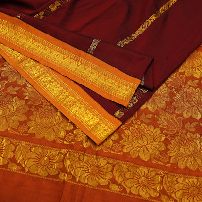 Indian Vintage Heavy Saree Maroon & Saffron Hand Woven Kanjivaram 100% Pure Silk Sari Craft Fabric 5Yd Ethnic Zari Floral
