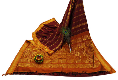 Indian Vintage Heavy Saree Maroon & Saffron Hand Woven Kanjivaram 100% Pure Silk Sari Craft Fabric 5Yd Ethnic Zari Floral
