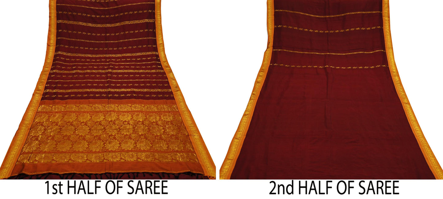 Indian Vintage Heavy Saree Maroon & Saffron Hand Woven Kanjivaram 100% Pure Silk Sari Craft Fabric 5Yd Ethnic Zari Floral
