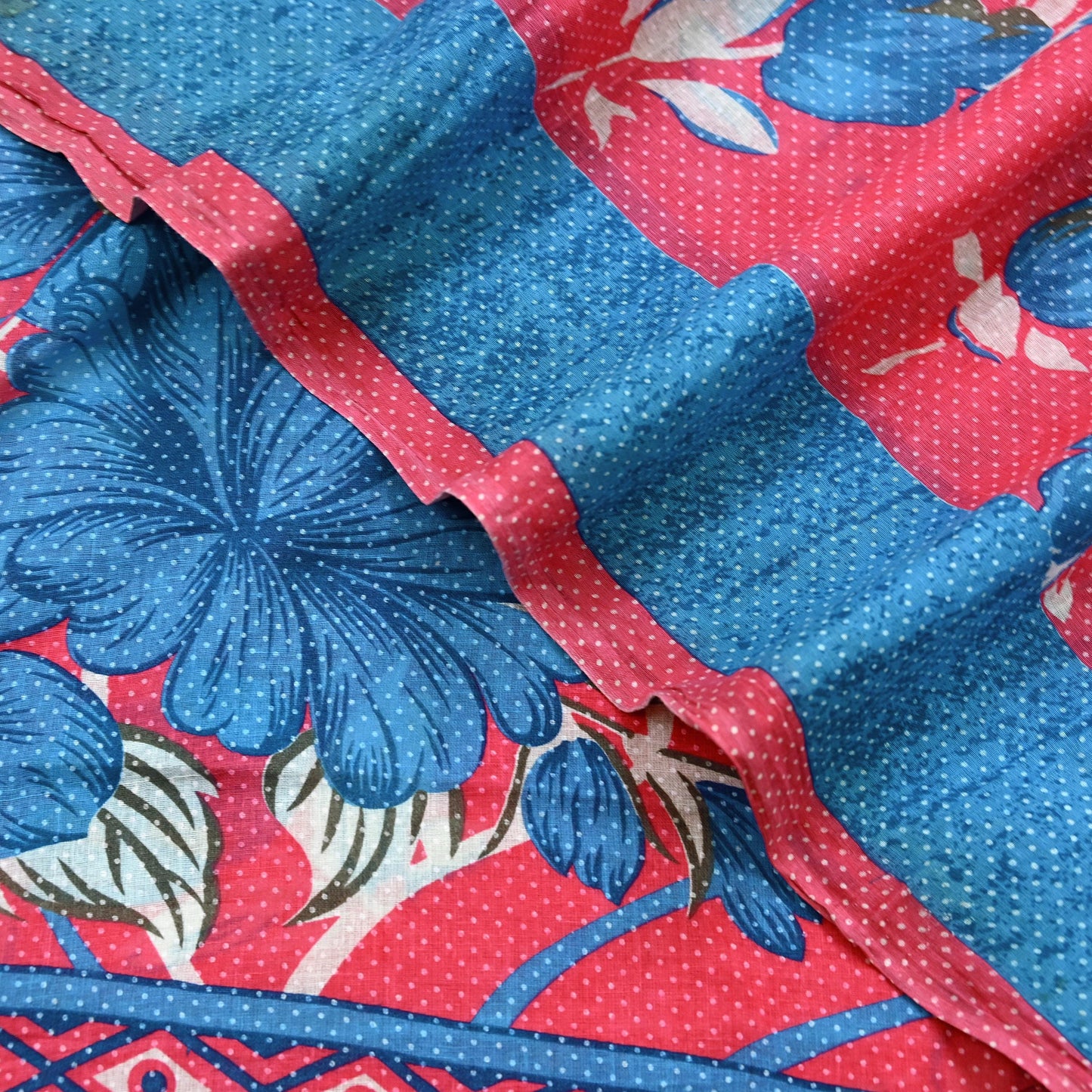 Indian Vintage Sari Blue & Pink Printed Pure Cotton Saree Craft Fabric 5Yd Soft Sewing Sarong Wrap Boho Floral Dress making Crafting