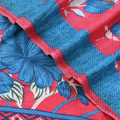 Indian Vintage Sari Blue & Pink Printed Pure Cotton Saree Craft Fabric 5Yd Soft Sewing Sarong Wrap Boho Floral Dress making Crafting