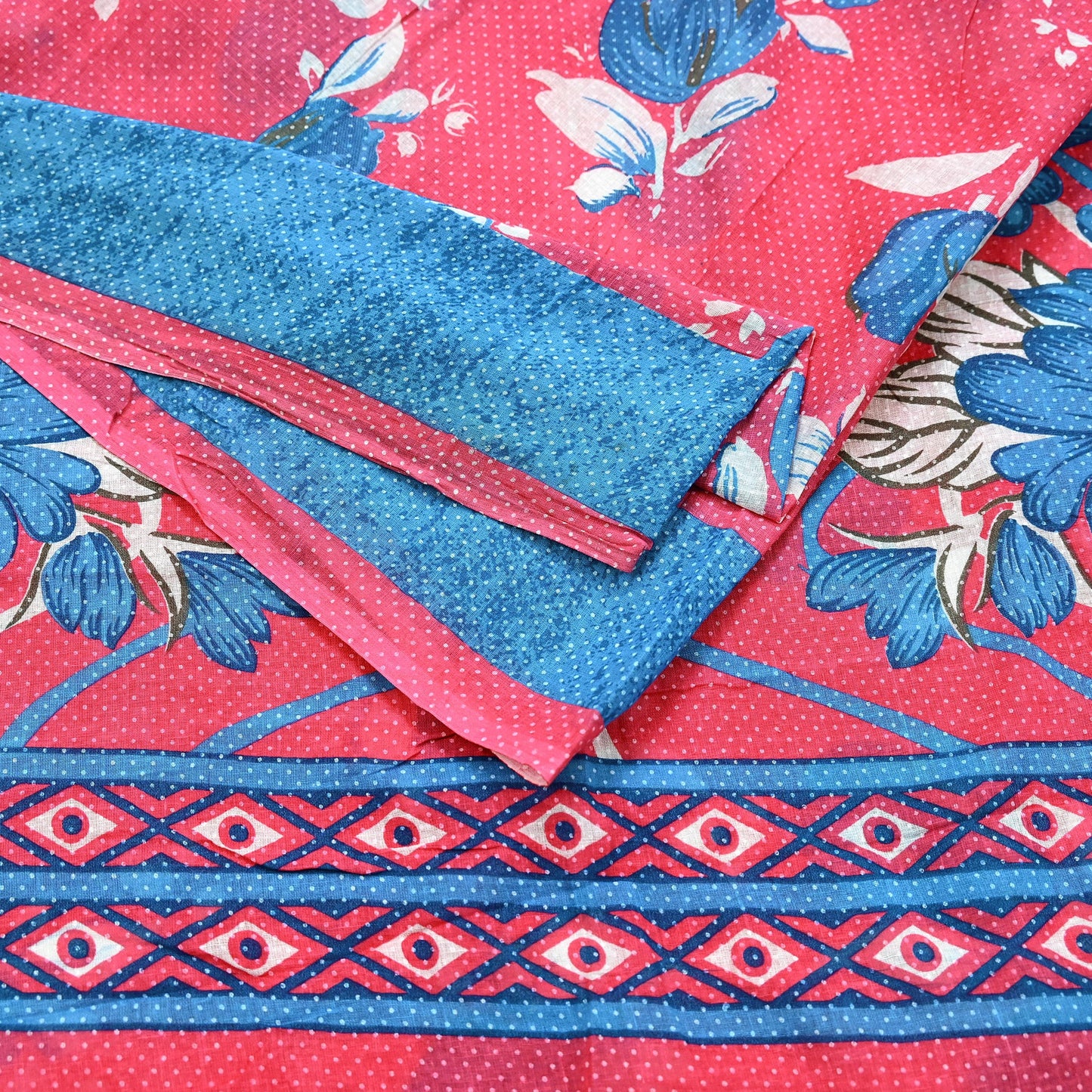 Indian Vintage Sari Blue & Pink Printed Pure Cotton Saree Craft Fabric 5Yd Soft Sewing Sarong Wrap Boho Floral Dress making Crafting