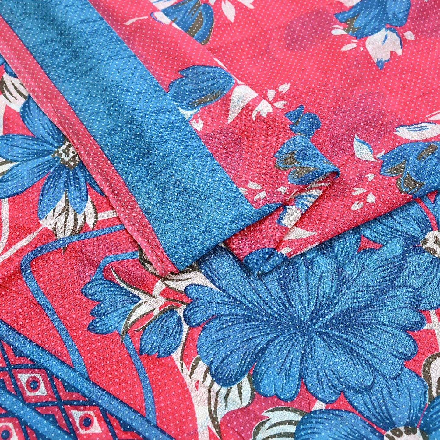 Indian Vintage Sari Blue & Pink Printed Pure Cotton Saree Craft Fabric 5Yd Soft Sewing Sarong Wrap Boho Floral Dress making Crafting