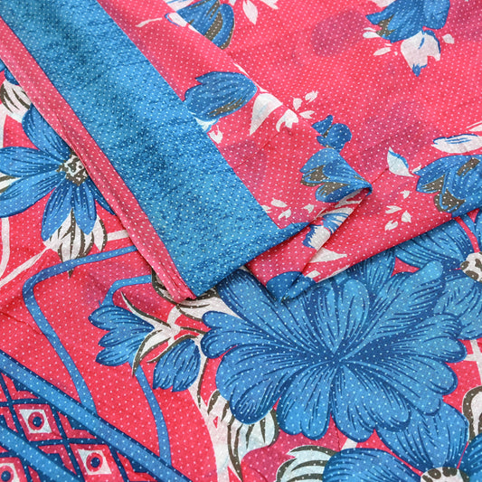 Indian Vintage Sari Blue & Pink Printed Pure Cotton Saree Craft Fabric 5Yd Soft Sewing Sarong Wrap Boho Floral Dress making Crafting
