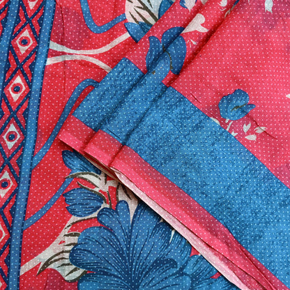 Indian Vintage Sari Blue & Pink Printed Pure Cotton Saree Craft Fabric 5Yd Soft Sewing Sarong Wrap Boho Floral Dress making Crafting