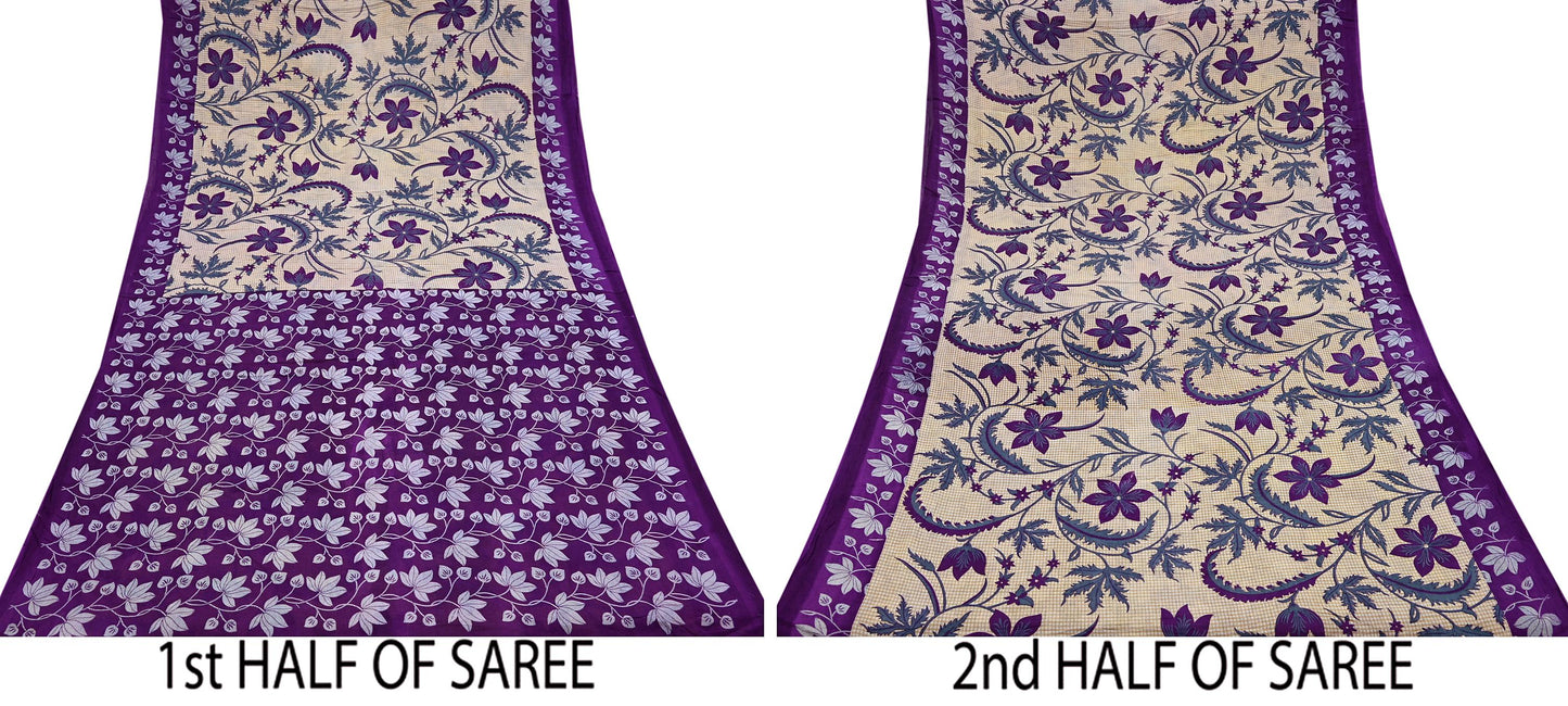 Indian Vintage Sari Beige & Purple Pure Cotton Printed Sarees Craft Fabric Soft 5Yd Sarong Wrap Boho Fabric Kimono Quilting Crafting Upcycle