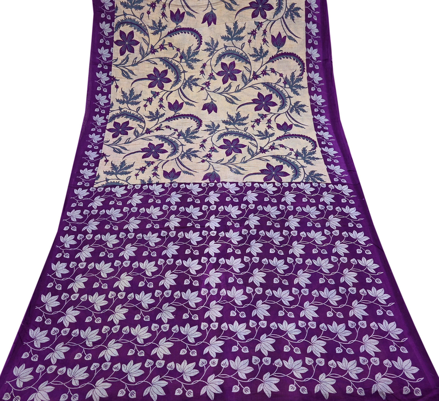 Indian Vintage Sari Beige & Purple Pure Cotton Printed Sarees Craft Fabric Soft 5Yd Sarong Wrap Boho Fabric Kimono Quilting Crafting Upcycle