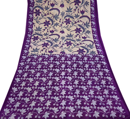 Indian Vintage Sari Beige & Purple Pure Cotton Printed Sarees Craft Fabric Soft 5Yd Sarong Wrap Boho Fabric Kimono Quilting Crafting Upcycle
