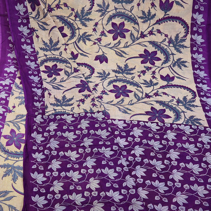 Indian Vintage Sari Beige & Purple Pure Cotton Printed Sarees Craft Fabric Soft 5Yd Sarong Wrap Boho Fabric Kimono Quilting Crafting Upcycle