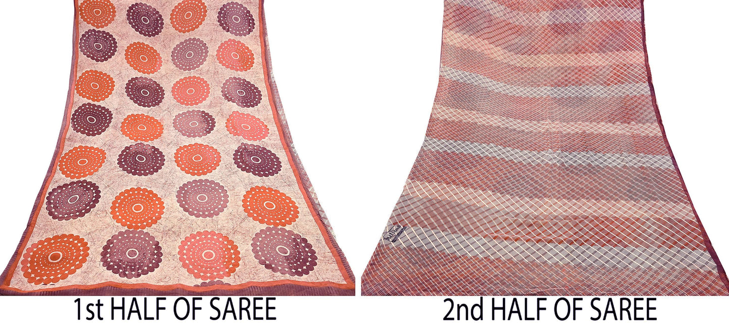 Indian Vintage Sari Beige & Brown Pure Georgette Silk Printed Sarees 5Yd Craft Fabric Sewing Quilting Dress making Crafting Quilting Upcycle