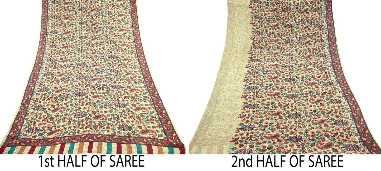 Women Vintage Sari Beige Pure Georgette Silk Digital Printed Saree Craft Fabric Sewing 5Yd Dress Making Geometric Crafting Quilting
