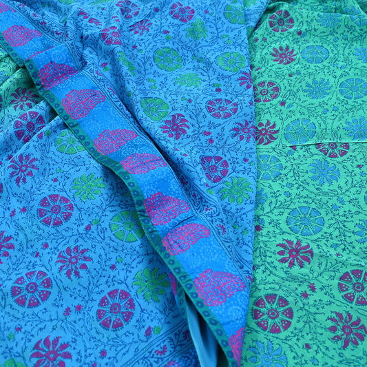 Indian Vintage Sari Blue & Green 100% Pure Georgette Silk Printed Sarees Sewing 5yd Craft Soft Dress Designing for Crafting Abstract