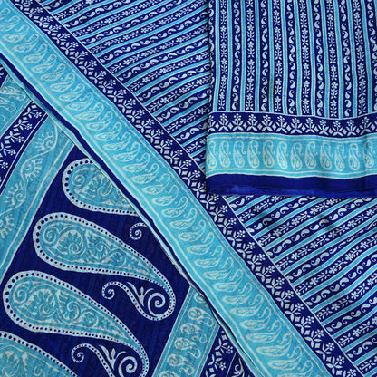 Indian Vintage Saree Blue Pure Silk Printed Sari 5yd Craft Fabric Sewing Floral Soft Wrap Sarong Quilting Used Dress making Quilting Upcycle