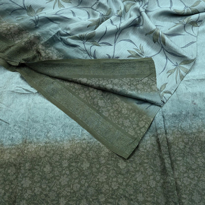 Indian Vintage Sari Green & Gray Pure Silk Woven Printed Sarees Craft Fabric 5yd Sewing Dress Making Floral Crafting Quilting Upcycle Used