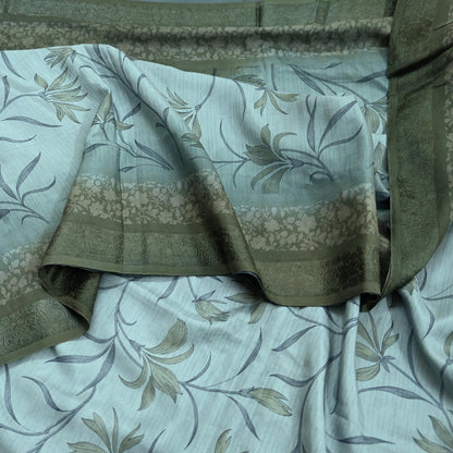 Indian Vintage Sari Green & Gray Pure Silk Woven Printed Sarees Craft Fabric 5yd Sewing Dress Making Floral Crafting Quilting Upcycle Used