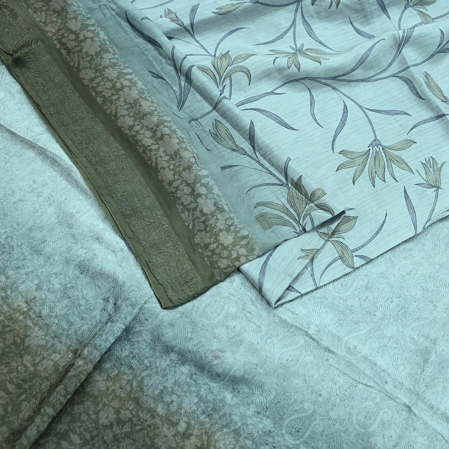 Indian Vintage Sari Green & Gray Pure Silk Woven Printed Sarees Craft Fabric 5yd Sewing Dress Making Floral Crafting Quilting Upcycle Used