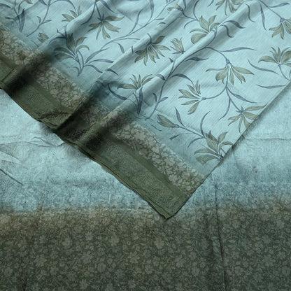 Indian Vintage Sari Green & Gray Pure Silk Woven Printed Sarees Craft Fabric 5yd Sewing Dress Making Floral Crafting Quilting Upcycle Used