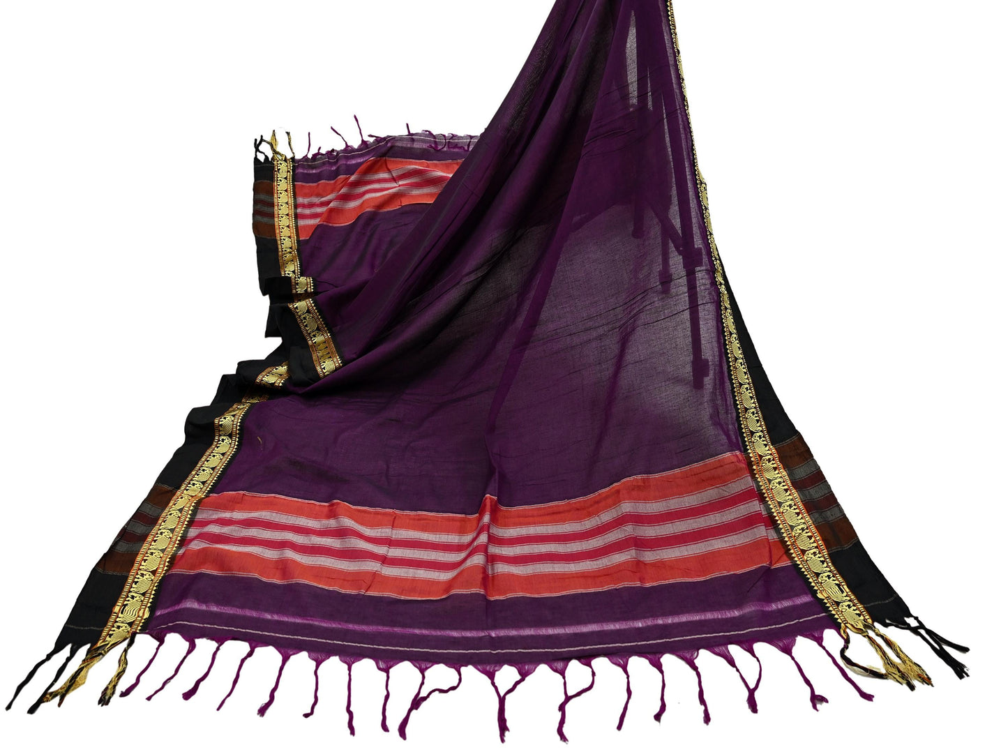 Indian Vintage Dupatta Purple Long Stole Woven Pure Cotton Scarves Veil Soft Fringes Scarf