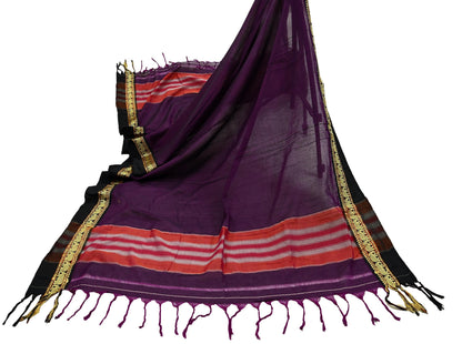 Indian Vintage Dupatta Purple Long Stole Woven Pure Cotton Scarves Veil Soft Fringes Scarf