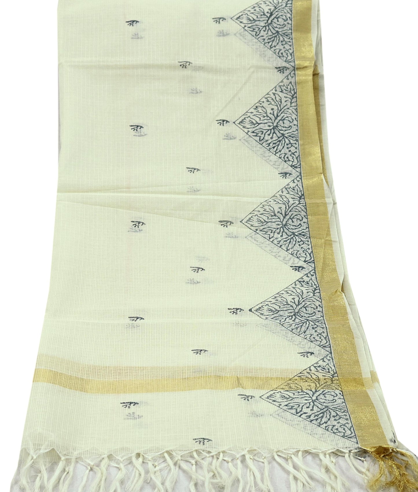 Indian Vintage Dupatta White Long Stole Hand Woven Chanderi Scarf Veil Soft Floral Zari Fringes