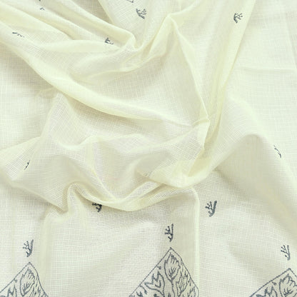 Indian Vintage Dupatta White Long Stole Hand Woven Chanderi Scarf Veil Soft Floral Zari Fringes