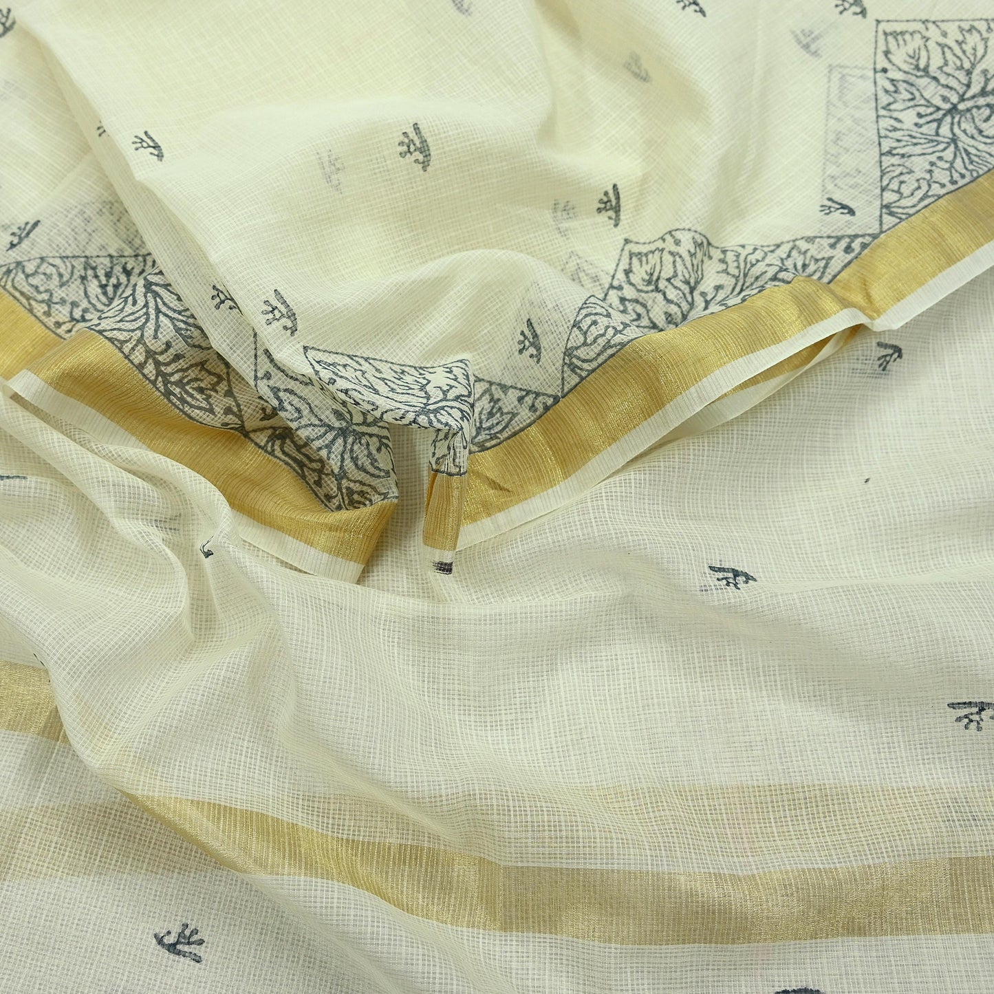 Indian Vintage Dupatta White Long Stole Hand Woven Chanderi Scarf Veil Soft Floral Zari Fringes