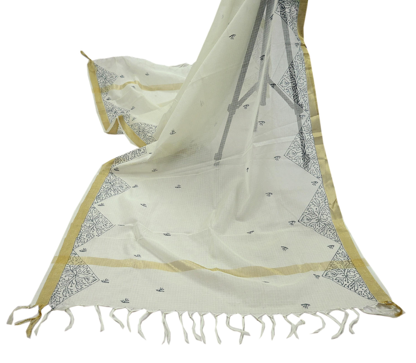 Indian Vintage Dupatta White Long Stole Hand Woven Chanderi Scarf Veil Soft Floral Zari Fringes