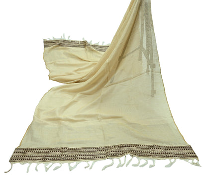 Indian Vintage Beige Dupatta Long Stole Block Print Pure Chanderi Silk Scarves Veil Floral Design Upcycle Party wear hijab Zari Border