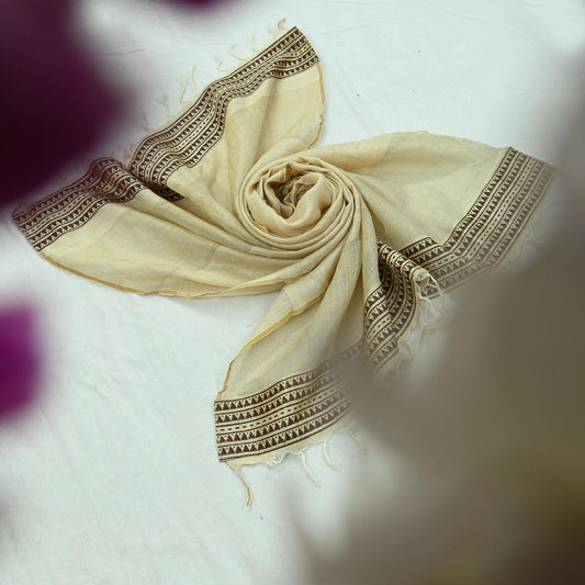 Indian Vintage Beige Dupatta Long Stole Block Print Pure Chanderi Silk Scarves Veil Floral Design Upcycle Party wear hijab Zari Border